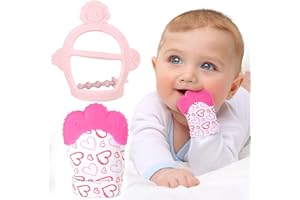 ANEI 2pcs Baby Teething Set With Mitten, Chew Toy and Gel - Self-Soothing Glove to Prevent Finger Sucking for Boys and Girls - Pink