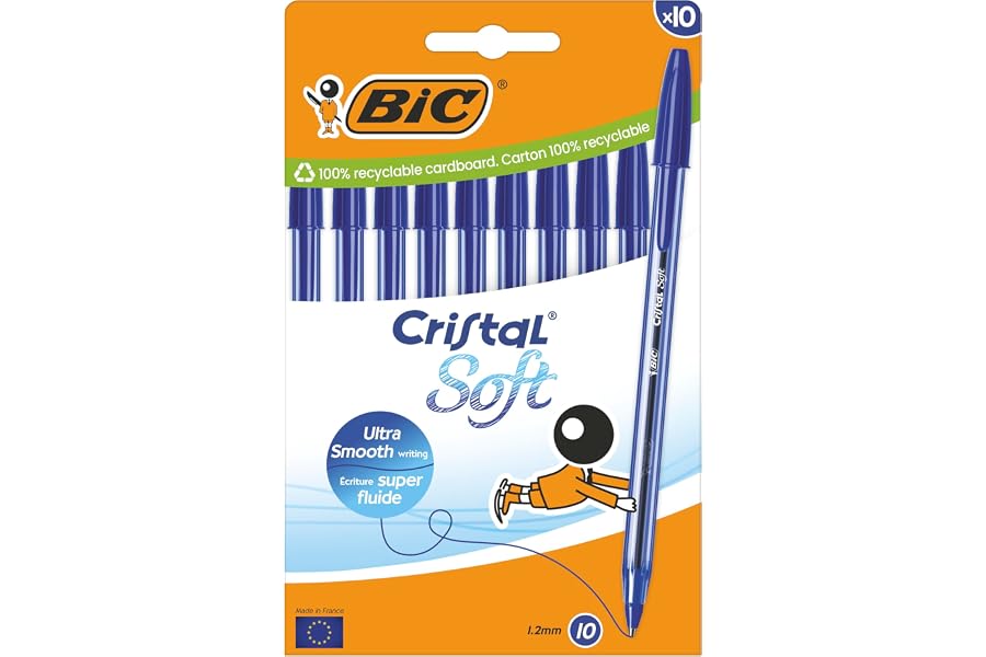 BIC Cristal Soft Bolígrafos Bolitas Punta Media (1,2 mm) con tinta Easy Glide - Azul, Caja de cartón de 10