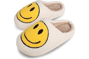 DOUUCO Women Soft Plush Happy Face Slippers Retro Warm Slip-on Slipper Cute Anti-slip Slippers with Memory Foam Slip-on Fur Slippers Breathable Happy Face Slippers
