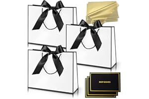 COSORO 3 pièces Sacs Cadeau Blanc Noir,Pochettes Cadeau en Papier Moyen avec Anse,Emballage Cadeaux avec Ruban d'Arc 3 Cartes 6 Mouchoirs,pour Anniversaires Mariages Fêtes Noël Paquet Luxe Elégantes