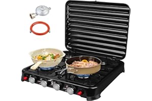 Inoamity 4 Fuegos Hornillo de Gas Portátil para Camping, Cocina de Butano para Senderismo y Acampada - 8800W Hornillo Camping Gas con Tapa, Protector Viento, Regulador y Bolsa - Compacto Portátil