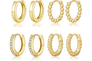 MOROTOLE 4 Paia Orecchini Donna Argento 925, Set Orecchini Donna Oro con Zirconi Cubici 5A Set di Cerchi Piccoli e Orecchini a Bottone Ipoallergenici Regali di Gioielli Diametro 6/8/10/14mm