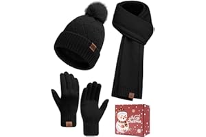 Voqeen Women's Hat Scarf and Gloves Set Winter Thermal Cold Weather Sets 3 in 1 Fleece Lined Beanie Hats with Pom Pom Warm Knitted Neck Warmer Touchscreen Gloves for Ladies