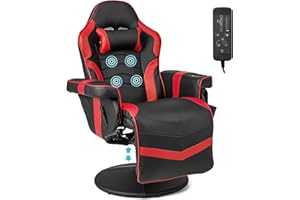 COSTWAY Massage Gaming Chair, Height Adjustable Swivel Racing Video Gaming Recliner with Retractable Footrest, Headrest and Cup Holder, Ergonomic High Back PU Leather Executive Desk Chair (Red)