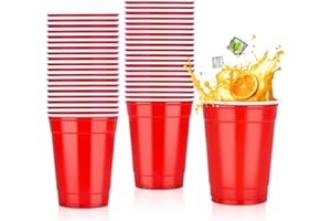 NUZEKY Zestaw 50 Czerwonych Kubków Plastikowych Wielokrotnego Użytku - 350 ml, Na Napoje, Imprezowe, Kemping, Urodziny, Wesele