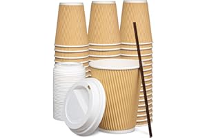 COMFY PACKAGE [100 Sets - 12 oz. - 350 ml] Insulated Ripple Takeaway Paper Hot Coffee Cups With Lids