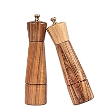 Relaxdays houten peper en zoutmolen, set van 2, handmatig, onderzetter, keramisch maalwerk, acacia & rvs, bruin/zilver