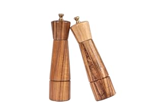 DeroTeno Salt and Pepper Mill Set, Adjustable Ceramic Grinder Salt Mill, Stainless Steel Grinder Pepper Mill, Acacia Wood, 22 cm Height, Bottom Dia 5.5 cm (Tray is NOT Included)