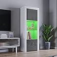 Panana 2 Door LED Tall Display Sideboards Matt Body & High Gloss Fronts Storage Cabinet with Glass Shelf for Living Dining Room W 62 x D 35 x H 160cm (Grey with White)
