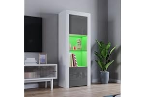 Panana 2 Door LED Tall Display Sideboards Matt Body & High Gloss Fronts Storage Cabinet with Glass Shelf for Living Dining Room W 62 x D 35 x H 160cm (Grey with White)