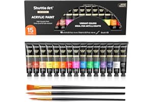 Shuttle Art 15 Colori Acrilici per Dipingere, 15X12ml Set Pittura con 3 Pennelli, Non Tossici Acrilici per Dipingere Ideali per Bambini Adulti, Acrylic Paint su Tela Legno Argilla Tessuto Ceramica