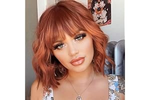 PORSMEER Short Bob Wig Copper Orange with Fringe for Women Natural Wig Women's Synthetic Hair Colourful Daily Party Halloween Cosplay Wavy Curly Wigs, Auburn Wig
