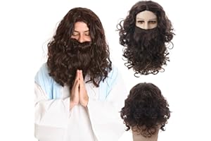 FOUNSHO Peluca y Barba Jesús Adulto, Vikingo Cosplay Peluca con Larga Barba, Larga Pelucas Rizada Marrón Oscuro Hagrid Mago Disfraces para Hombre Noel Halloween Carnaval