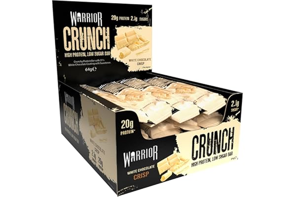 Barres hyperprotéinées Warrior Crunch 20 g - Barre à faible teneur en sucre et en glucides - paquet de 12 x 64 g - incroyablement savoureuse - garantie halal (Chocolat blanc)