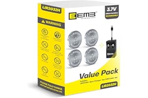 EEMB LIR2032H Chargeur de Batterie Rechargeable avec 4 Piles Bouton Lithium-ION 3,7 V 70 mAh pouvant remplacer ML2032 Montre Porte-clés à Distance de