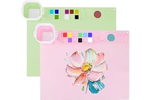 MEKOTRIN Silicone Painting Mat, 2PCS Craft Mat 20" x 16" Large Silicone Paint Mat with Water Cup and Paint Holder for Watercolour Clay Cutting Art Creation and DIY(Pink&Green)