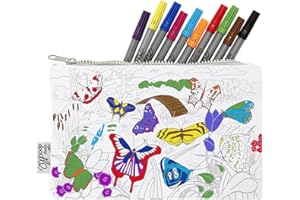 eatsleepdoodle Colouring Pencilcase for Kids w/ 10pk Washable Markers for Kids - 22x14cm Butterfly Kids Colouring Pencilcase - Ultra Washable & Reusable Arts and Crafts for Kids