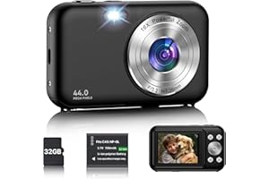 IXNAIQY Aparat cyfrowy, aparat fotograficzny, kompaktowy aparat fotograficzny z kartą 32 GB, 1080p 44 MP, aparat fotograficzny z zoomem cyfrowym 16 x i 1 baterią, aparat LCD 2,4" dla dzieci, nastolatków,