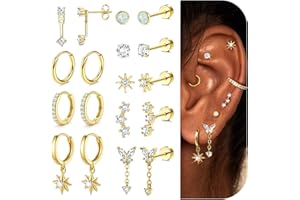 Adramata 9Pairs Boucles d'Oreilles Femme Acier Inoxydable Boucle d'Oreilles Pendante Petit Creoles Or Argent Boucle d'Oreille Clous Tragus Helix Piercing Oreille Boucles d'Oreilles Femme Argent Or