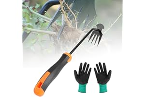 HEDMON Arrache Mauvaise Herbe 4 Dents Desherbeur Manuel Polyvalent Desherbeur Mauvaise Herbe Outil avec Poignée Désherbeurs Manuels pour éliminer Les Mauvaises Herbes du Jardin(avec des Gants)
