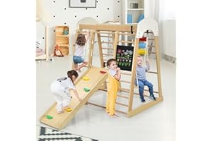 RELAX4LIFE 8 in 1 Triangolo da Arrampicata Multifunzione, Parco Giochi in legno Massello con Scivolo, Altalena e Lavagna, Uso Interno, per Bambini 1 a 5 anni (Modello 3 Naturale)