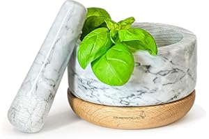 KRONENSCHLUSS – Mörser mit Stößel – langlebig mit stabilen Eichenholzsockel und robusten Marmor - Durchmesser ⌀ 14 cm