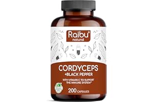 Raibu Cordyceps Capsules - 2100mg Mushroom Extract (10:1) per Daily Dose - 200 Vegan Capsules - Cordyceps Supplement with Black Pepper & Vitamin C for General Well-being - No Additives & Lab Tested
