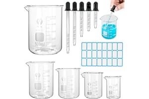 AILUYA 5 Piezas Vaso de Vidrio Graduado, Vaso de Precipitados Graduado de 25ml/50ml/100ml/250ml/500ml con Bureta Graduada y Pegatina para Laboratorioara