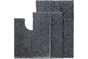 UHOUSEST Badezimmer Matte Set 3 Stück, Anti-Rutsch-Chenille Bad Matte Set Teppiche, weich mit Wasserabsorbierenden Sockel Badematte und U-Form Bad Toilette Teppich für Maschine waschbar, Anthrazitgrau