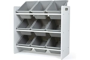 Humble Crew Explorer Wooden Toy Storage Organiser for Children, with 9 BPA Free Plastic Removeable Storage Bins, Ideal for Storing Toys, Games, Books and Craft Supplies - White/Grey