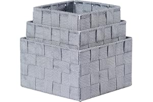 BM 4620 Cestino Portaoggetti Bagno Effetto Rattan Quadrato, Set di 3 Cestini da Scaffale Grigio Intrecciato Organizer Scatole Portaoggetti Adatto a Diversi Usi Organizzazione