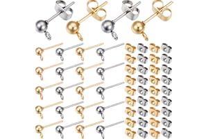 SOFPLATE 1 Box 100Pcs Ball Post Earring Studs Hypoallergenic Earring Posts Silver Stainless Steel Ear Studs with Butterfly Ear Back and Loop Round Stud Earring Findings for jewellery Making Supplies D