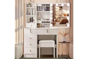 Dradaomull Set da toeletta con illuminazione a LED Hollywood, con specchio e squat, 6 cassetti e 3 scomparti aperti, tavolo moderno in legno per la camera da letto bianco