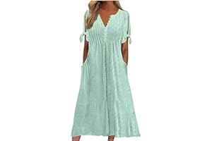 ZEIAYUAS Women Dresses Summer Casual Crewneck Midi Dress Button V Neck Long Dresses with Pocket Lace Swing Short Sleeve Beach Dress Ladies Vacation Loose Floaty Bohemian Dresses for Evening Night Out