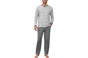 Bresdk Pijama Hombre Invierno Algodón Largo Conjunto de Pijamas Hombre Manga Larga y Pantalones Ropa de Dormir a Rayas Cuello Redondo Suave y Cómodo S-3XL