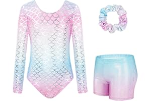 JiAmy Leotardos de gimnasia para niñas, manga larga, con pantalones cortos, traje de ballet para niñas de 3 a 12 años