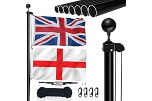 NQ 20FT (6M) Flag Poles for Garden, Sectional Heavy Duty Aluminum Flag Pole Kit with UK Flag, Flag Pole Topper, Flagpole Rope, Outdoor in Ground Flag Pole for Yard Residential, Commercial Use(Black)