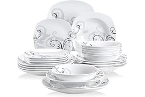 VEWEET ZOEY 24pcs Service de Table Pocelaine 6pcs Assiettes Plates 24,6cm, 6pcs Assiette Creuse 21,5cm, 6pcs Assiette à Dessert 19cm, 6pcs Bols à Céréales 17cm Vaisselles pour 6 Personnes Fleuri