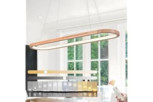 WayLuoung Drewniane Drewniane LED Lekkie Światło Sufitowe, Ściemnialny Owalny Pierścień Drewniany Oświetlenie, 3000-6000K, Regulowana Lampa Wisiorka Koła, Kuchnia Wyspa Jadalnia W Salonie Wisząc【90cm】