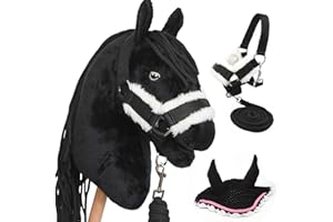 HOBBY HORSE LAND Hobby Horse Frison Noir pour Hobby Horsing pour Enfants et Adolescents de 7 à 20 Ans- Cheval bâton avec Filet, rênes + Accessoires Bonnet et Licol moumoute. Taille L (A3)