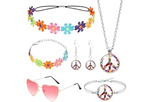 SAIER TBO 6 Pièces Accessoires Hippie pour Femmes, Années 70 Costume Flower Power avec Coiffe de Marguerite Lunettes d'amour Collier de Paix Boucles d'oreilles Bracelet pour Soirées Thème de Carnaval Disco