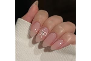 EONFAVE 24Pcs Short False Nails - Pink French False Nails Press on Nails - Full Cover False Nails White Almond Stick on Nails - French Fake Nails Stick on Nails for Women and Girls Nail Art