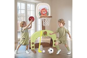 BIRTECH Basketball Hoop Set, 4-in-1 Kids Basketball Stand Sports Activity Center Adjustable Easy Score Basketball Hoop with Golf,Football/Soccer Goal/Ring Toss, Best Gift for Toddlers Kids Boys & Girls