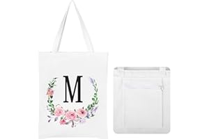 JNSMFC Floral Initial Canvas Tote Bag for Women,Personalized Letter Aesthetic Tote Bag with Zipper and Pocket