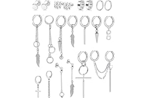 BVLAGIDA 21 Piezas Pendientes Hombre Acero Inoxidable Pendiente Kpop Pendientes Punk Pendientes Colgantes Cruz Plumas Aros Pendientes Negro Plata Dorado