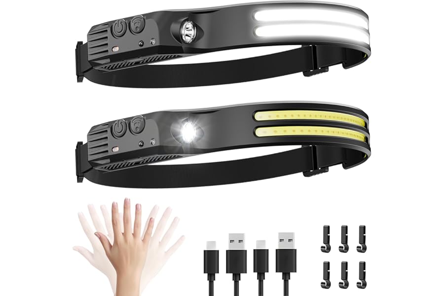 Dopalloy Head Torch Rechargeable 2 Pack - Super Bright Dual LED Strip Headtorch, 230° Wide Beam Headlight with Motion Sensor, USB Battery Powered Headlamp for Fishing, Running, Camping Essentials
