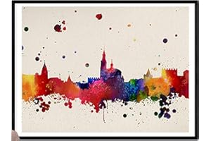 Nacnic Lámina Ciudad de GIJON. Skyline Estilo Acuarela y explosión de Color. Tamaño A3