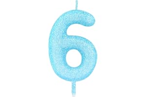 mciskin Glitzernde Kerzen für Geburtstag, Mädchen, blaue Zahl 6 Kerzen für Kuchen, blaue Dekorationen zum 6. Geburtstag, Dekoration für Mädchen und Jungen, Macaron-Kuchen, Cupcake-Topper für Party