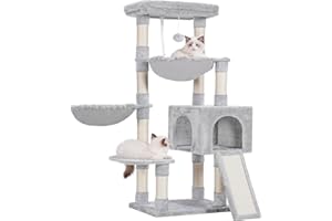Hey-brother Cat Tree, Large Cat Tower for Indoor Cats, 135 cm Cat Activity Centre with Padded Perch, Cozy Hammocks and Scratching Pad, Light Grey EMPJ006-MW