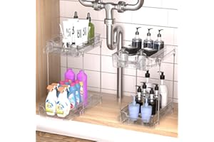 YOCOLE 2 Pezzi Organizzatore Sotto il Lavandino 2 Livelli, Scorrevole Scaffale Sottolavello Portaoggetti con 4 Ganci e 1 Bacinelle Sospese, Estraibile Cassetti Organizer per Cucina Bagno, Trasparente